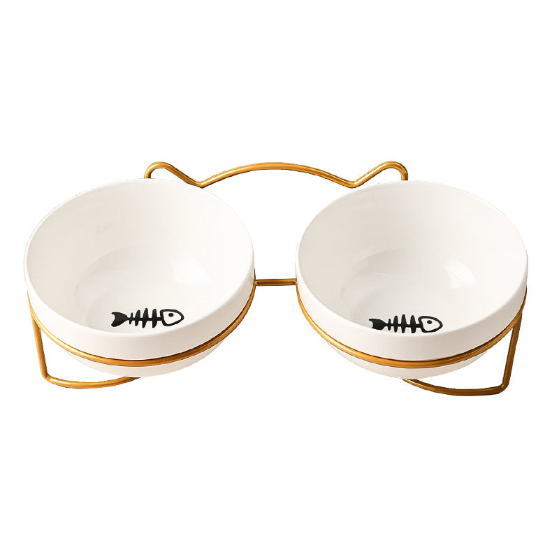 KFX-7877053 Ceramic Cat and Dog Bowl with Cat Ear Iron Frame in Pure White and Unique Designs