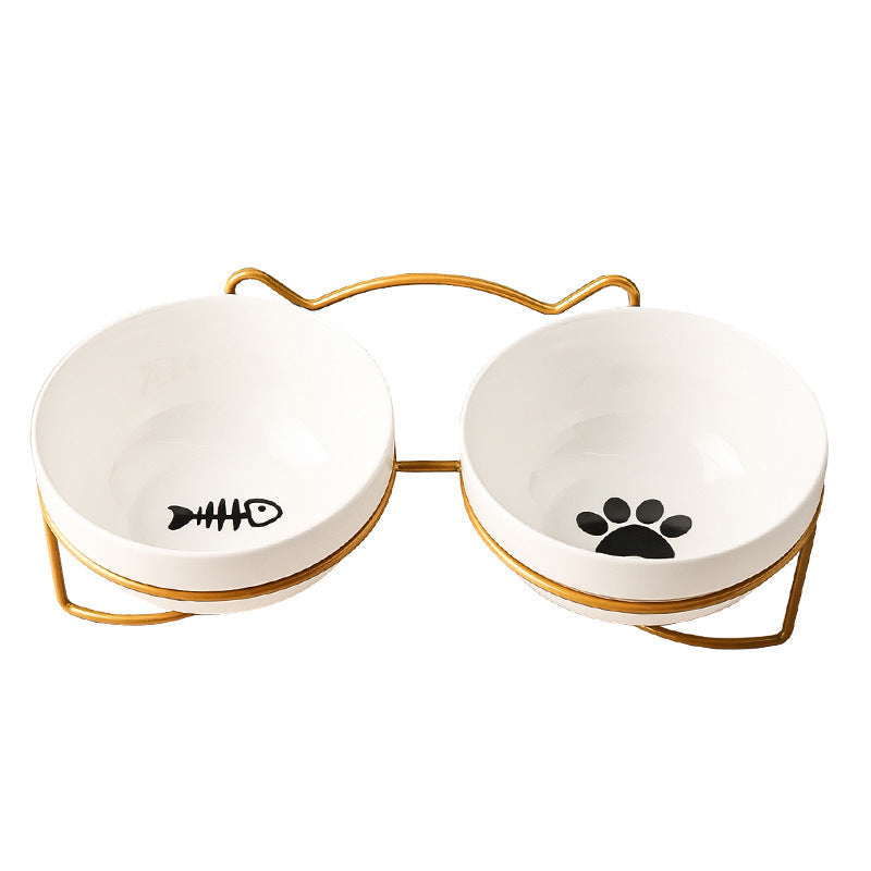 KFX-7877053 Ceramic Cat and Dog Bowl with Cat Ear Iron Frame in Pure White and Unique Designs