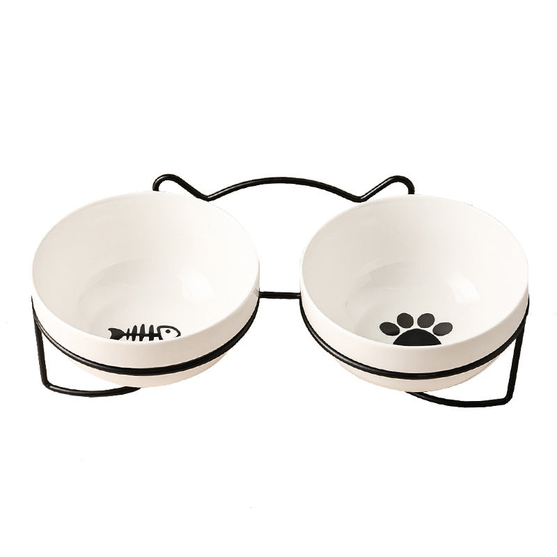 KFX-7877053 Ceramic Cat and Dog Bowl with Cat Ear Iron Frame in Pure White and Unique Designs