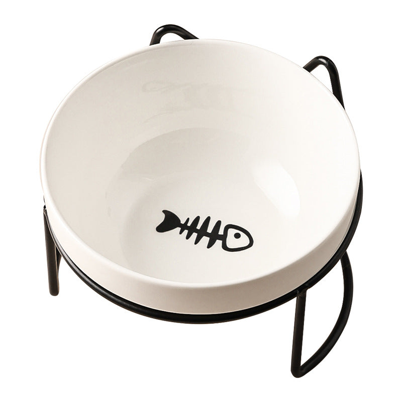 KFX-7877053 Ceramic Cat and Dog Bowl with Cat Ear Iron Frame in Pure White and Unique Designs