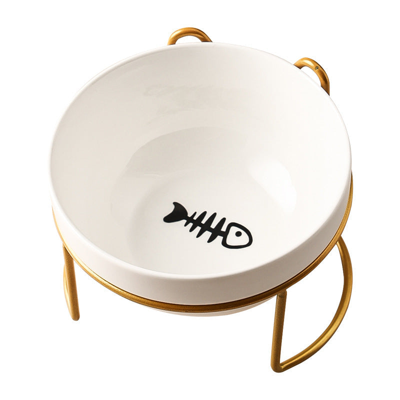 KFX-7877053 Ceramic Cat and Dog Bowl with Cat Ear Iron Frame in Pure White and Unique Designs
