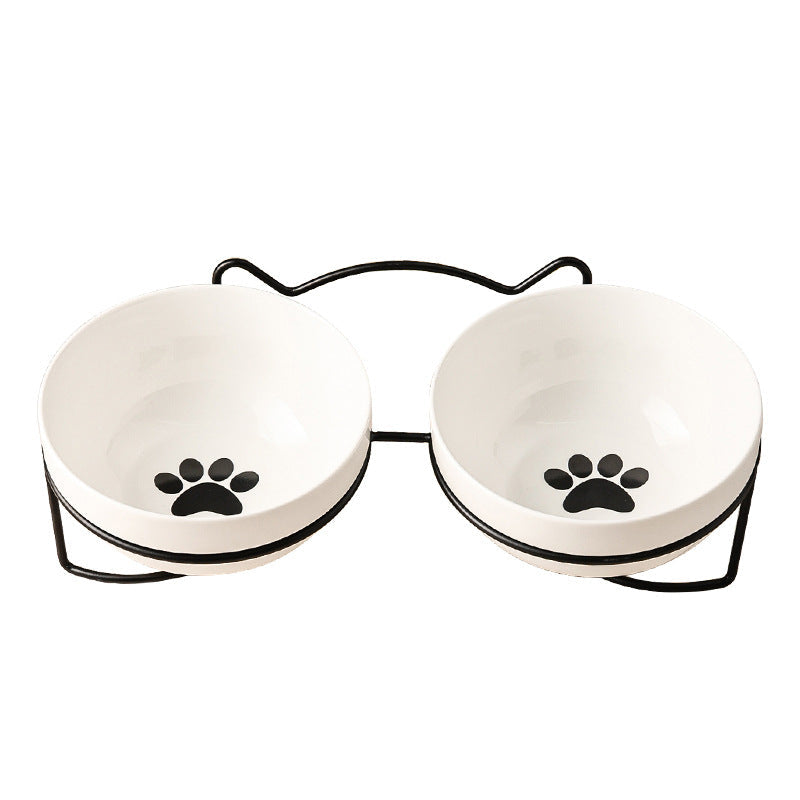 KFX-7877053 Ceramic Cat and Dog Bowl with Cat Ear Iron Frame in Pure White and Unique Designs