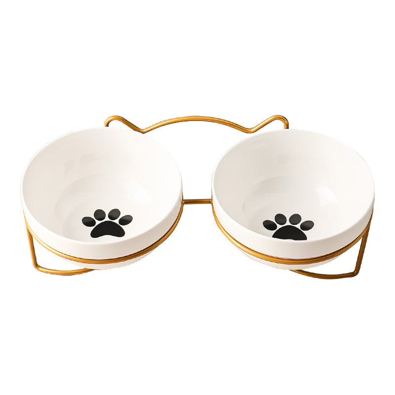 KFX-7877053 Ceramic Cat and Dog Bowl with Cat Ear Iron Frame in Pure White and Unique Designs