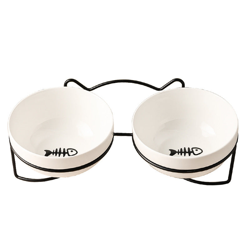 KFX-7877053 Ceramic Cat and Dog Bowl with Cat Ear Iron Frame in Pure White and Unique Designs