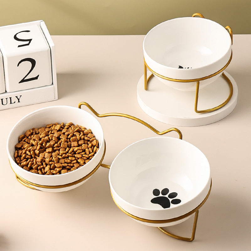 KFX-7877053 Ceramic Cat and Dog Bowl with Cat Ear Iron Frame in Pure White and Unique Designs