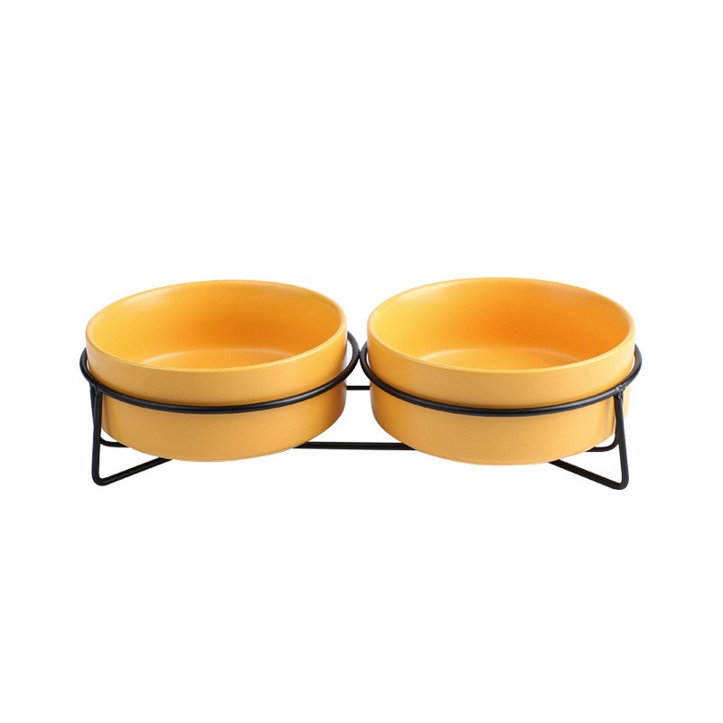 KFX-7881021 Metal Frame Ceramic Pet Bowl - Grey, Dark Green, Pink, Yellow, White - 400ml, 850ml, 1800ml for Cats and Dogs
