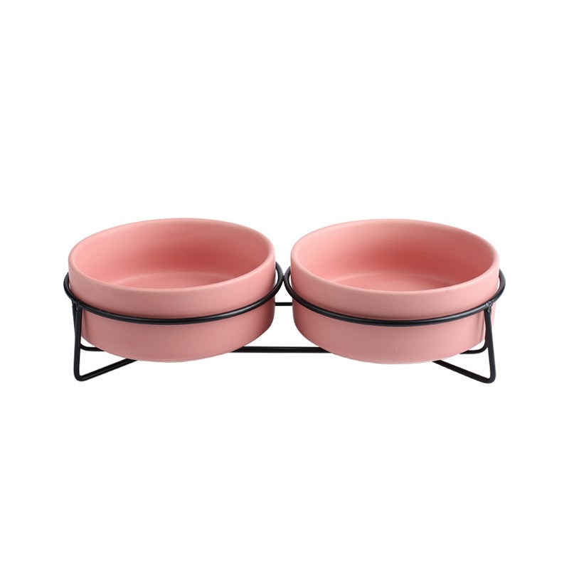 KFX-7881021 Metal Frame Ceramic Pet Bowl - Grey, Dark Green, Pink, Yellow, White - 400ml, 850ml, 1800ml for Cats and Dogs