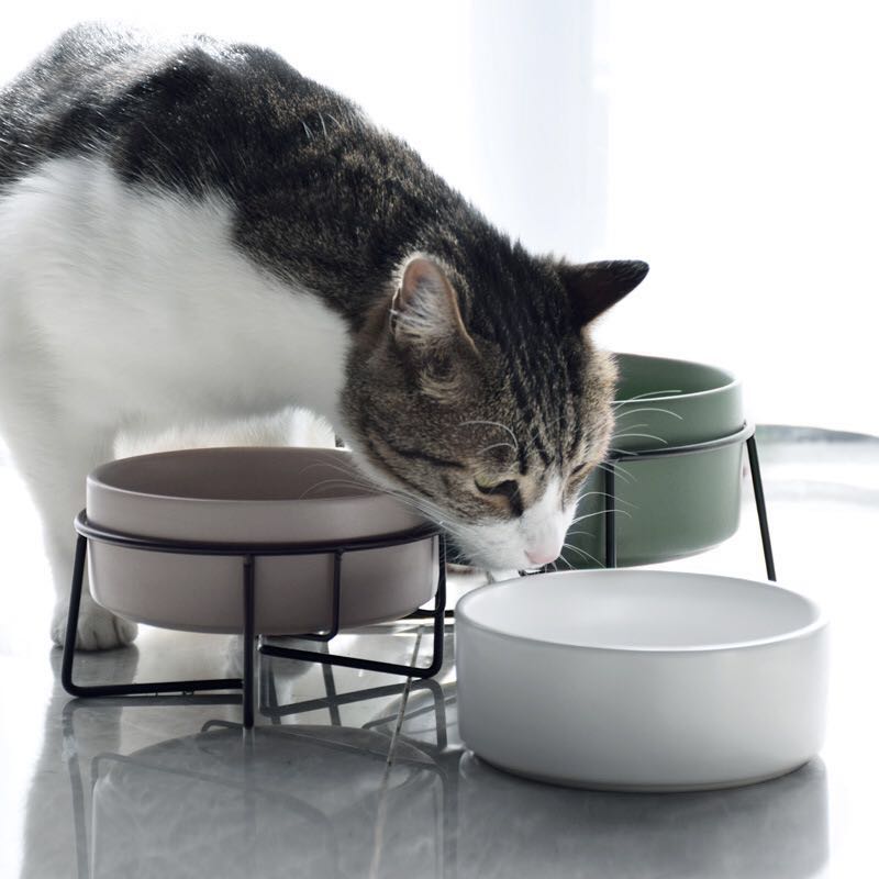 KFX-7881021 Metal Frame Ceramic Pet Bowl - Grey, Dark Green, Pink, Yellow, White - 400ml, 850ml, 1800ml for Cats and Dogs