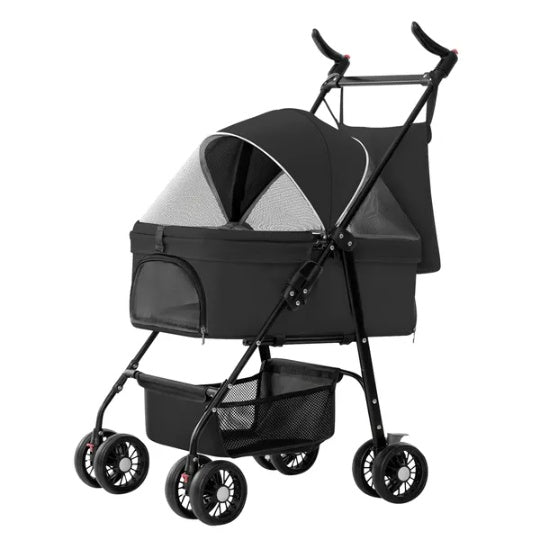 KFX-7890237 Foldable Pet Stroller with Removable Liner and Storage Basket for Dogs and Cats