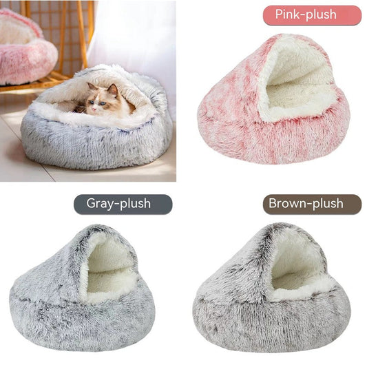 KFX-7890621 Cozy Semi-Closed Cat Bed for Small Dogs - Long Velvet Cover, Winter-Ready, Available in Multiple Colors and Sizes