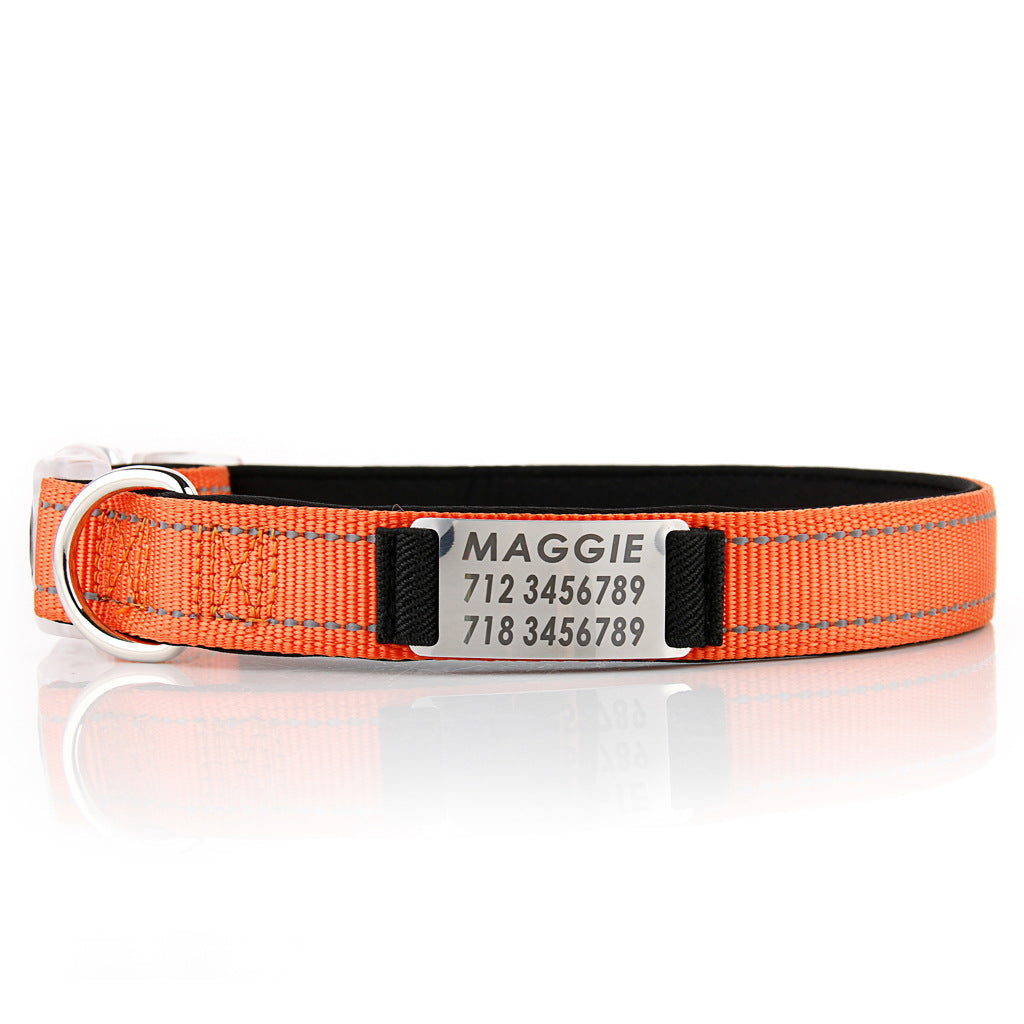KFX-7894333 Customized Reflective Nylon Dog Collar with Neoprene Padding and Stainless Steel Tag