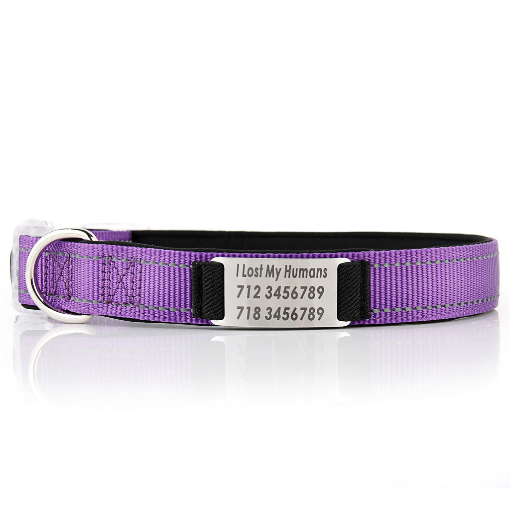 KFX-7894333 Customized Reflective Nylon Dog Collar with Neoprene Padding and Stainless Steel Tag