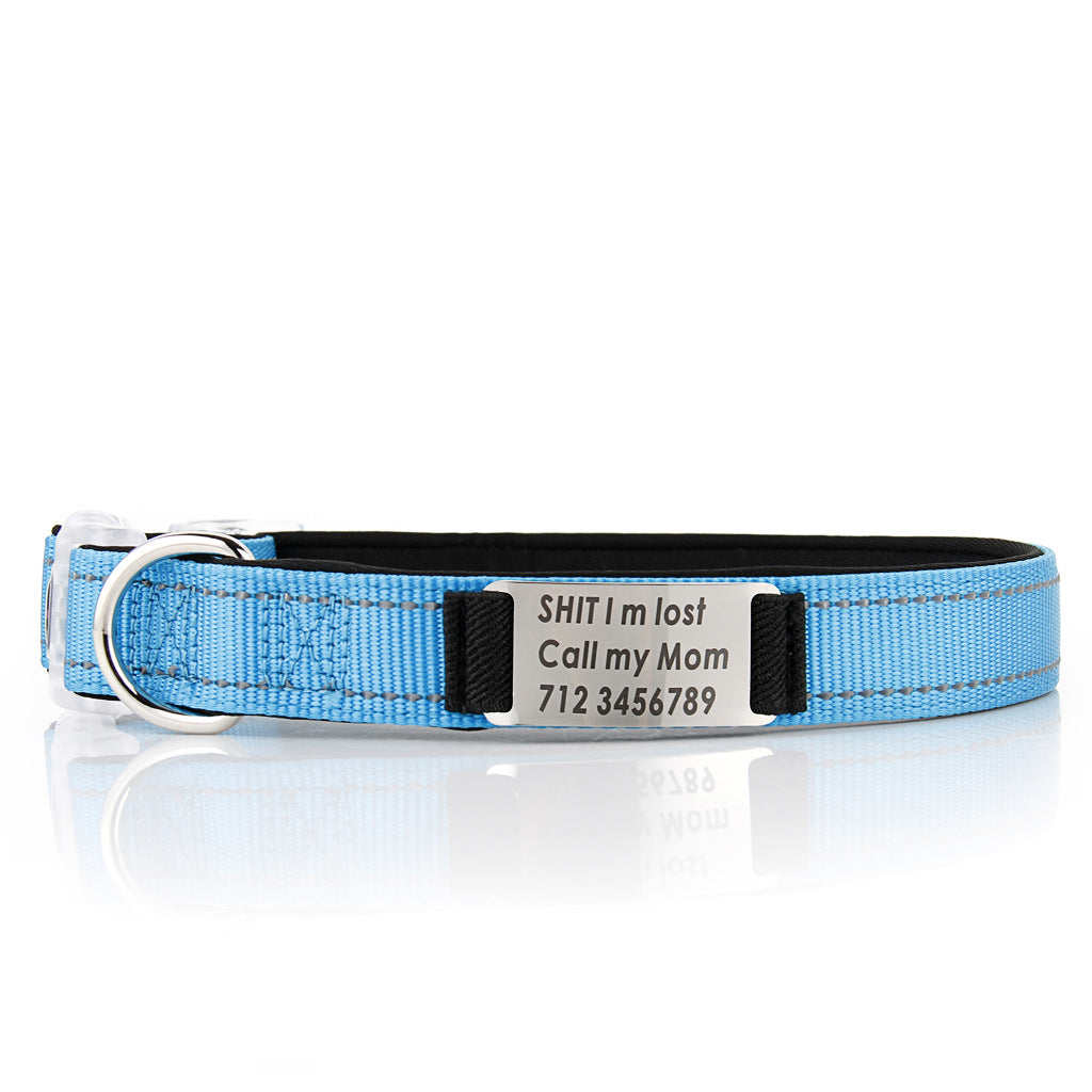 KFX-7894333 Customized Reflective Nylon Dog Collar with Neoprene Padding and Stainless Steel Tag