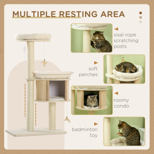 KFX-7901373 3-Level Cat Tree with Sisal Scratching Posts, Soft Cushions, and Fun Badminton Toy