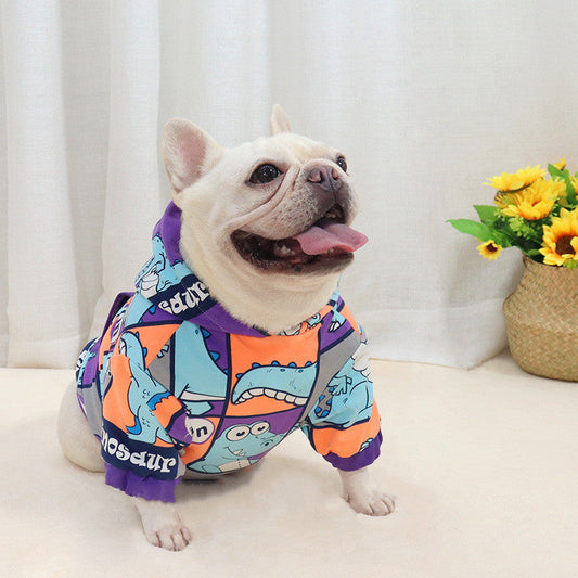 KFX-7903165 Cozy Dinosaur Hooded Fleece-Lined Sweater for Short Body Dogs - Warm Polyester Pet Clothing