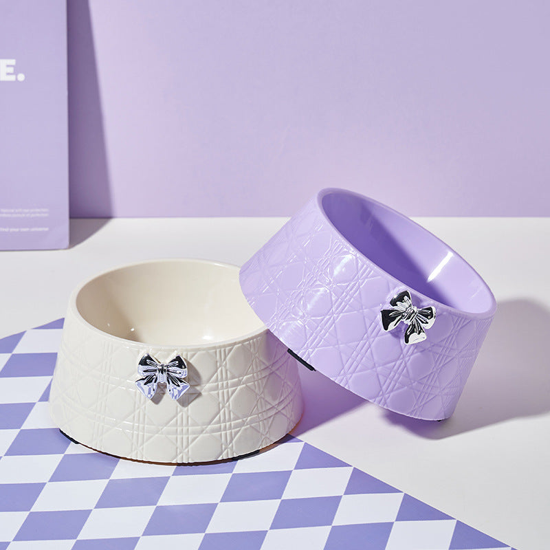 KFX-7905341 Diamond Pattern Pet Feeding Bowl with Bowknot Design for Dogs and Cats