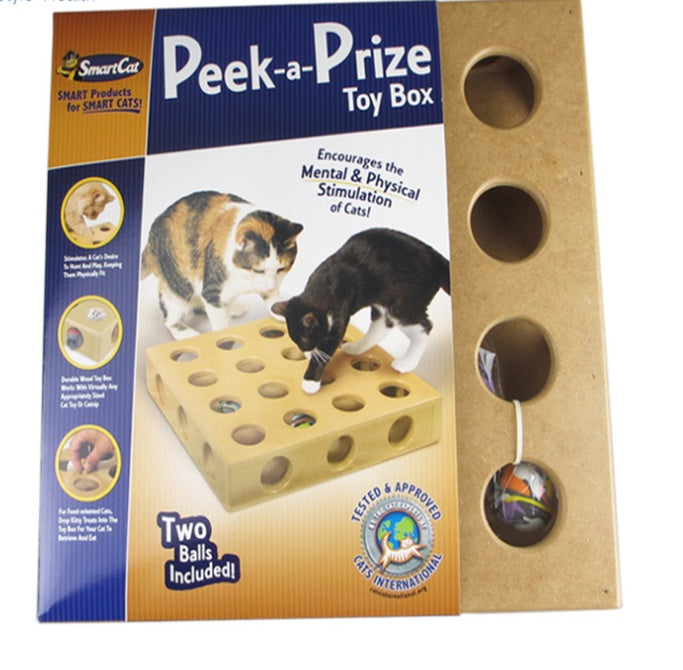 KFX-7914429 Heavy-Duty Wooden Cat Toy Box with 9 Holes for Interactive Play and Natural Behavior Encouragement