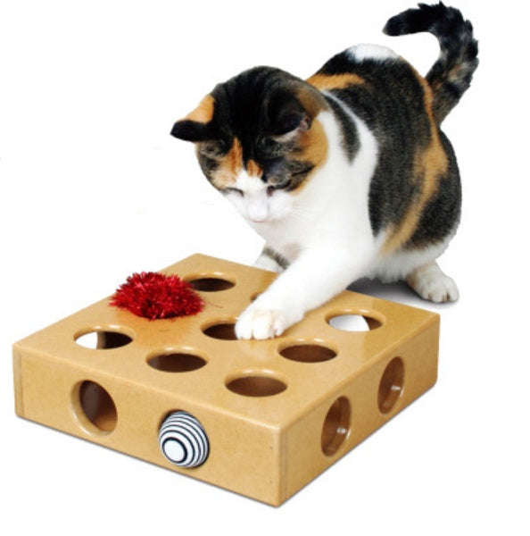 KFX-7914429 Heavy-Duty Wooden Cat Toy Box with 9 Holes for Interactive Play and Natural Behavior Encouragement