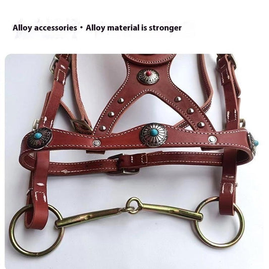 KFX-7915069 Elegant Pure Cowhide Horse Halter with Metal Buckle and Reins in Red and Black