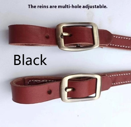KFX-7915069 Elegant Pure Cowhide Horse Halter with Metal Buckle and Reins in Red and Black