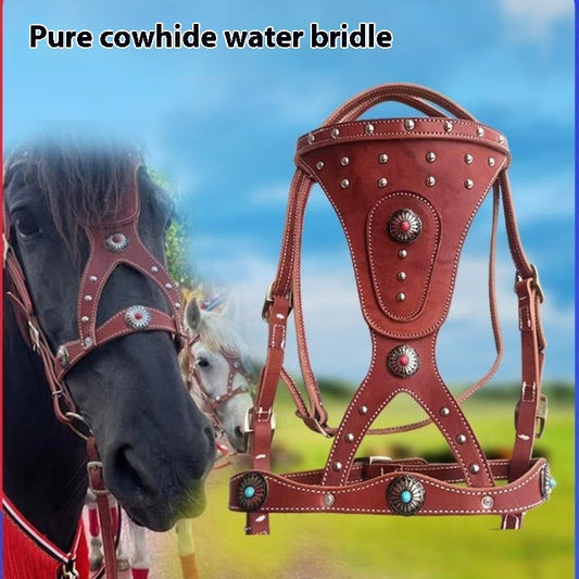 KFX-7915069 Elegant Pure Cowhide Horse Halter with Metal Buckle and Reins in Red and Black