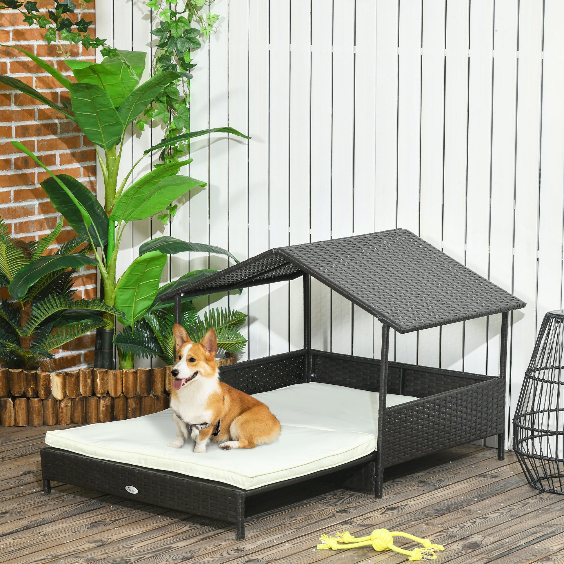 KFX-7918013 Extendable Wicker Dog Bed with Waterproof Canopy and Soft Cushion for Small to Medium Dogs