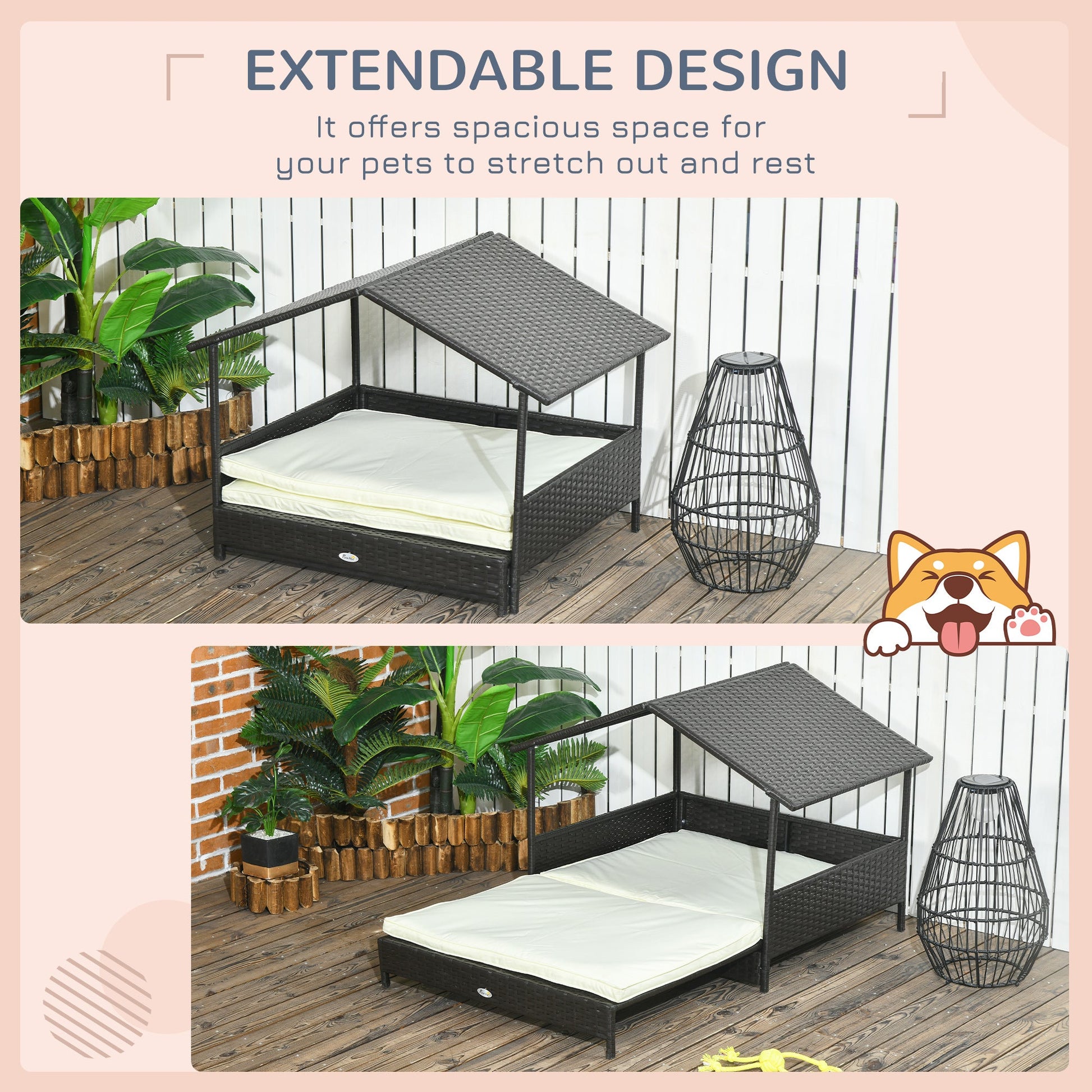 KFX-7918013 Extendable Wicker Dog Bed with Waterproof Canopy and Soft Cushion for Small to Medium Dogs