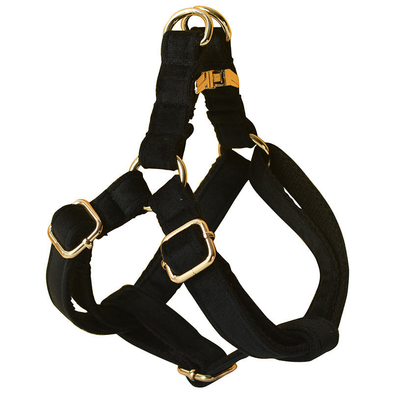 KFX-7918653 Black Flannel Dog Harness with Gold Buckle - Adjustable Chest Strap for Small to XL Pets