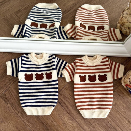 KFX-7919037 Warm Knitted Pet Sweater for Autumn and Winter in Navy Blue and Chestnut Stripes, Wool Material, Sizes S-XL