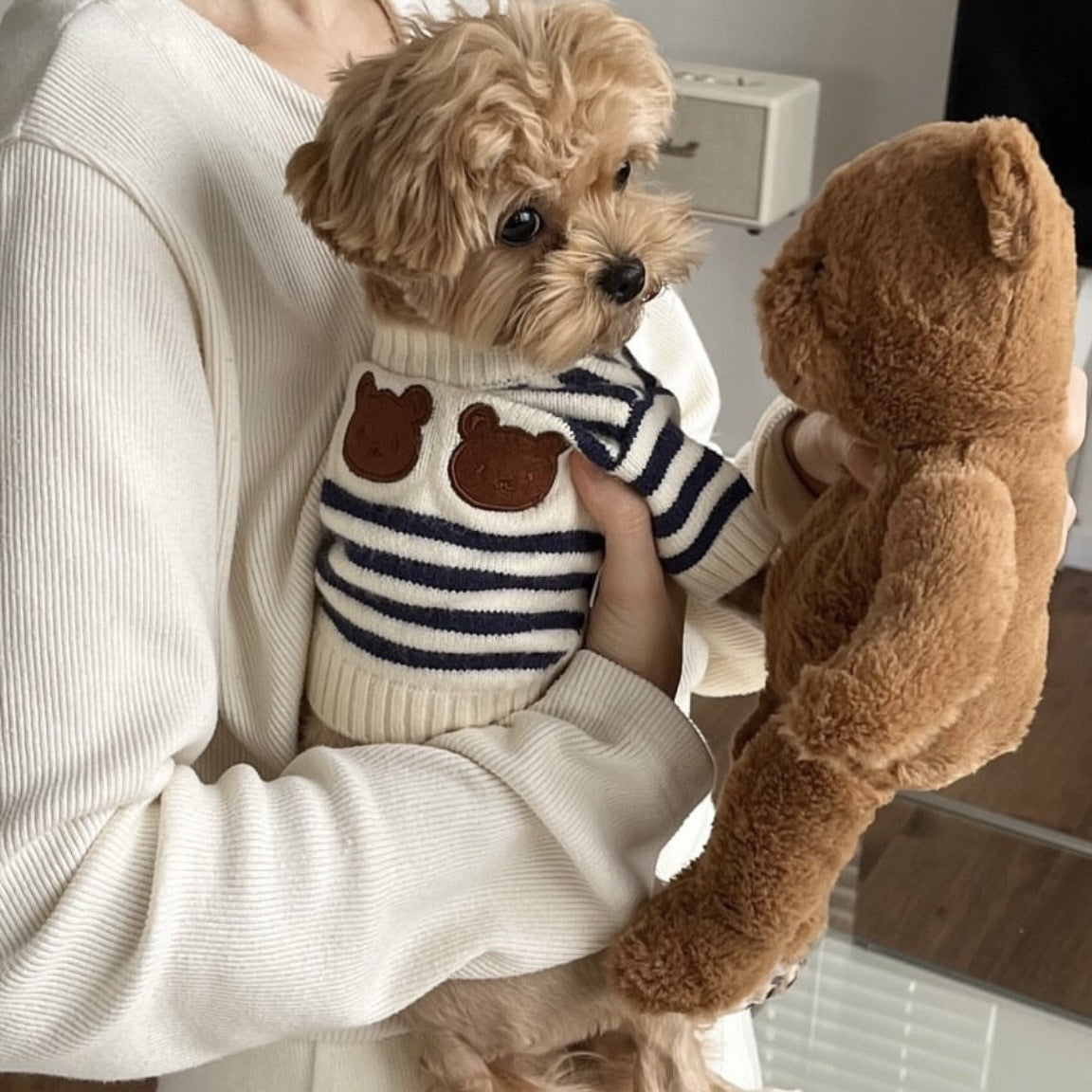 KFX-7919037 Warm Knitted Pet Sweater for Autumn and Winter in Navy Blue and Chestnut Stripes, Wool Material, Sizes S-XL