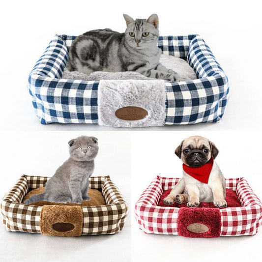 KFX-7923389 Cozy Plaid Square Cat Nest - Soft PV Velvet Interior, Available in Multiple Sizes and Colors