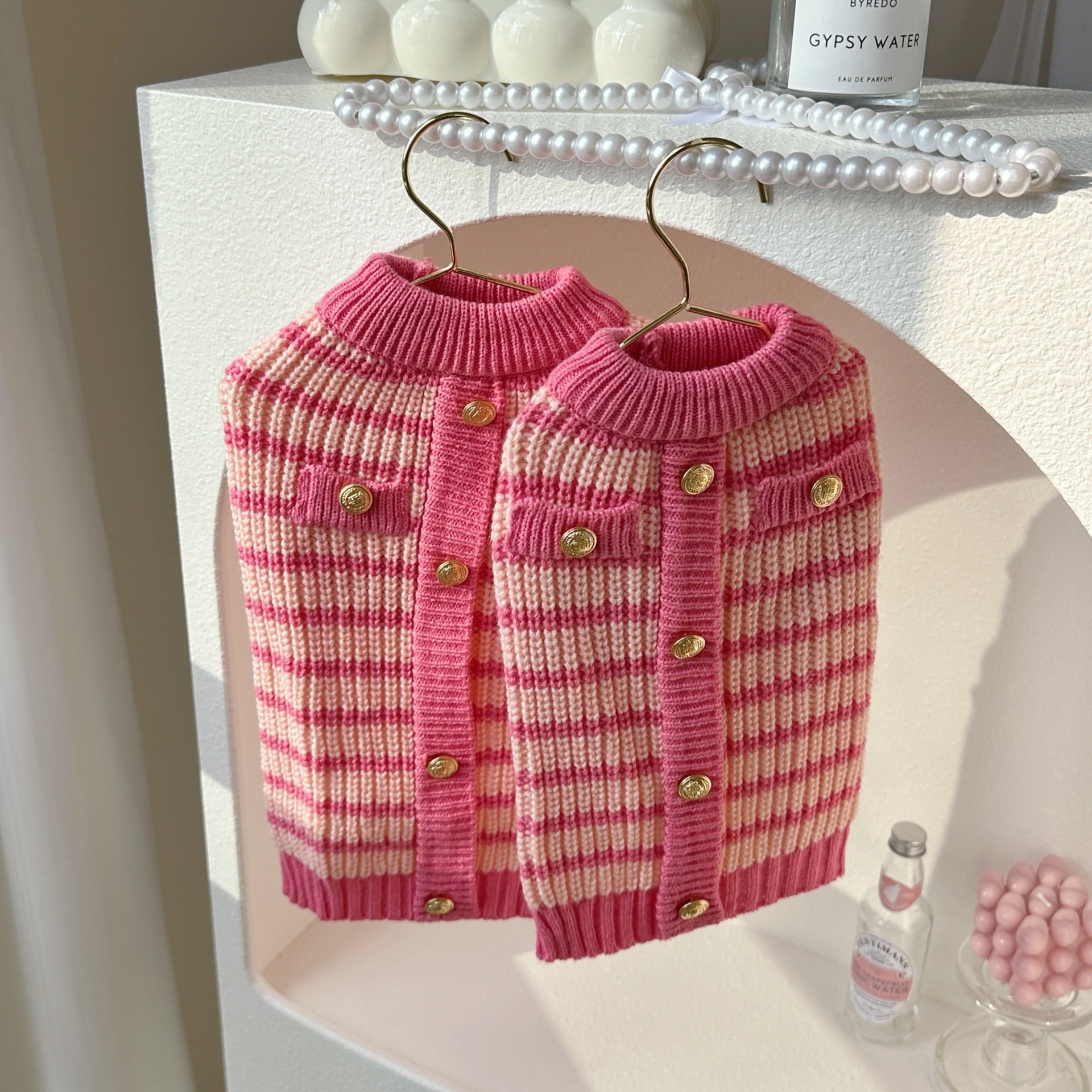 KFX-7923901 Classic Pink Striped Sweater for Pets - Casual Polyester Clothing in XS-XL Sizes