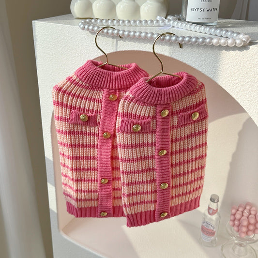 KFX-7923901 Classic Pink Striped Sweater for Pets - Casual Polyester Clothing in XS-XL Sizes