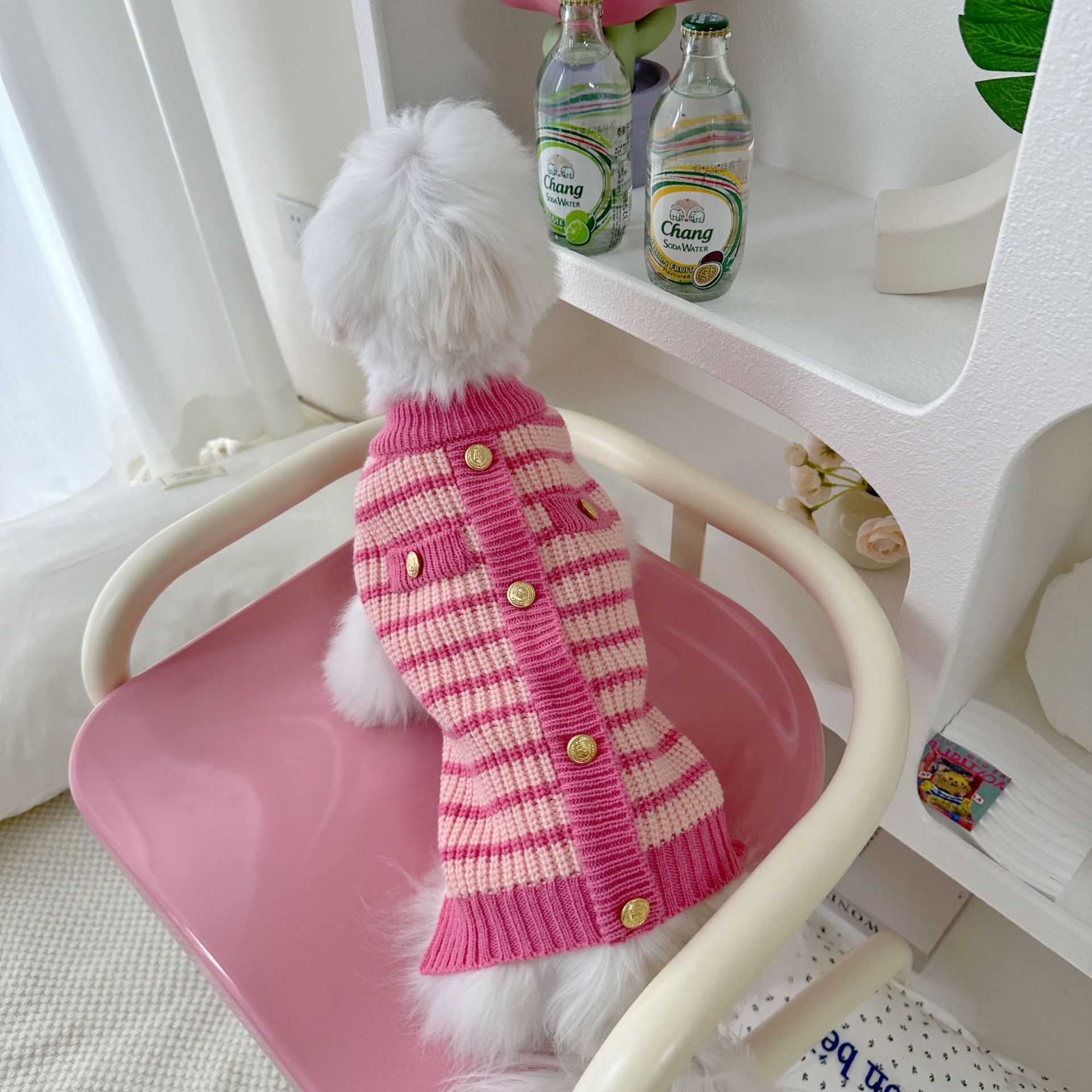 KFX-7923901 Classic Pink Striped Sweater for Pets - Casual Polyester Clothing in XS-XL Sizes