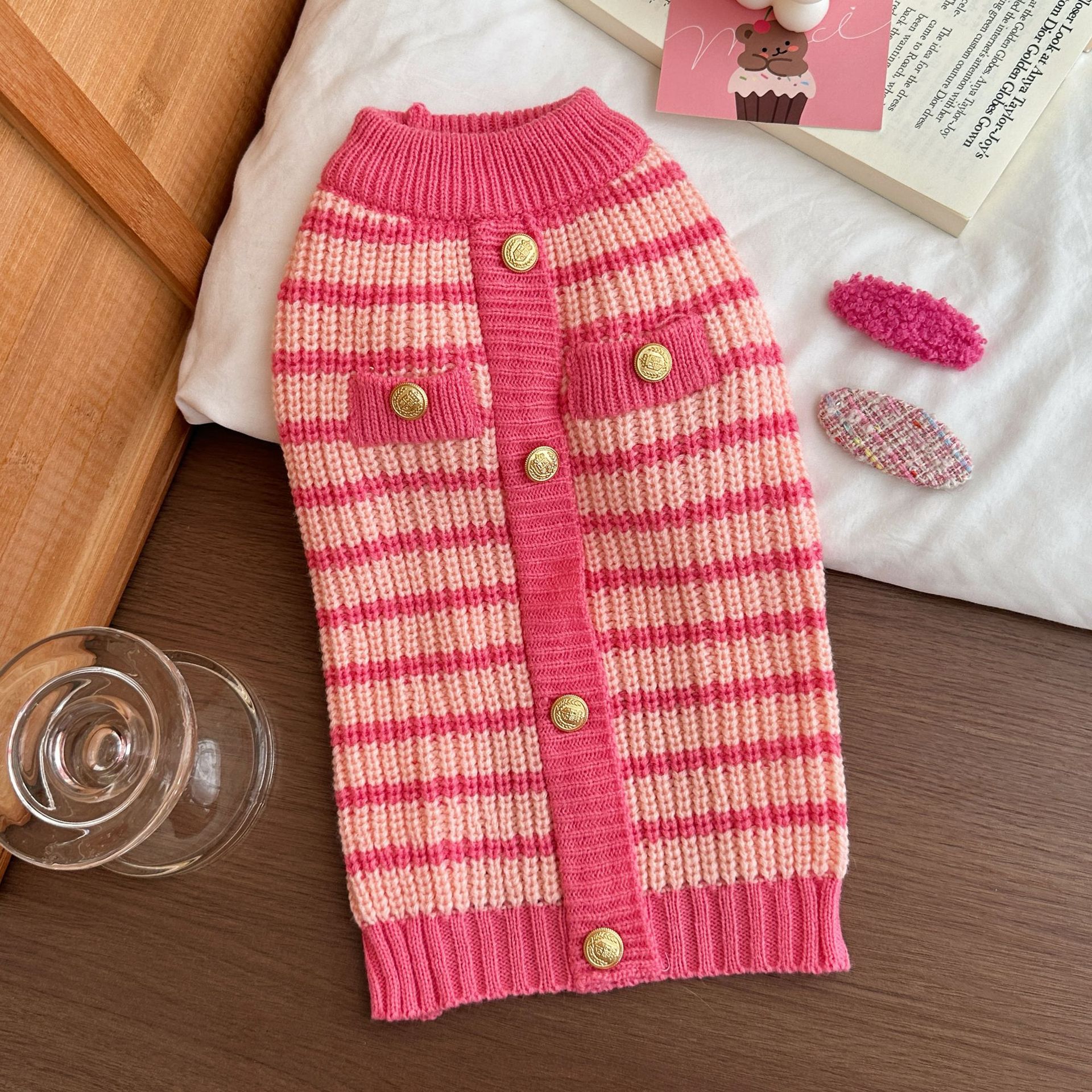 KFX-7923901 Classic Pink Striped Sweater for Pets - Casual Polyester Clothing in XS-XL Sizes