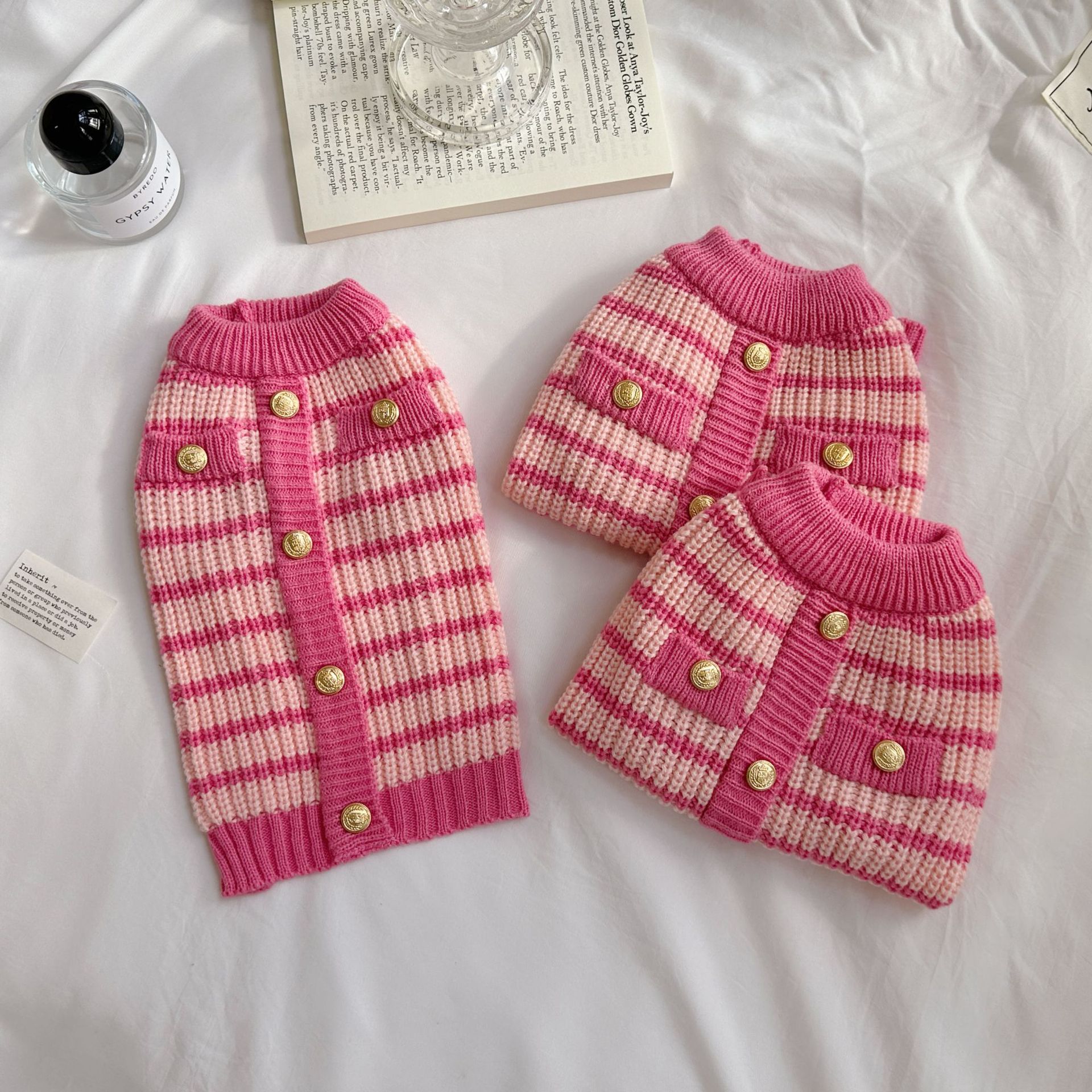 KFX-7923901 Classic Pink Striped Sweater for Pets - Casual Polyester Clothing in XS-XL Sizes