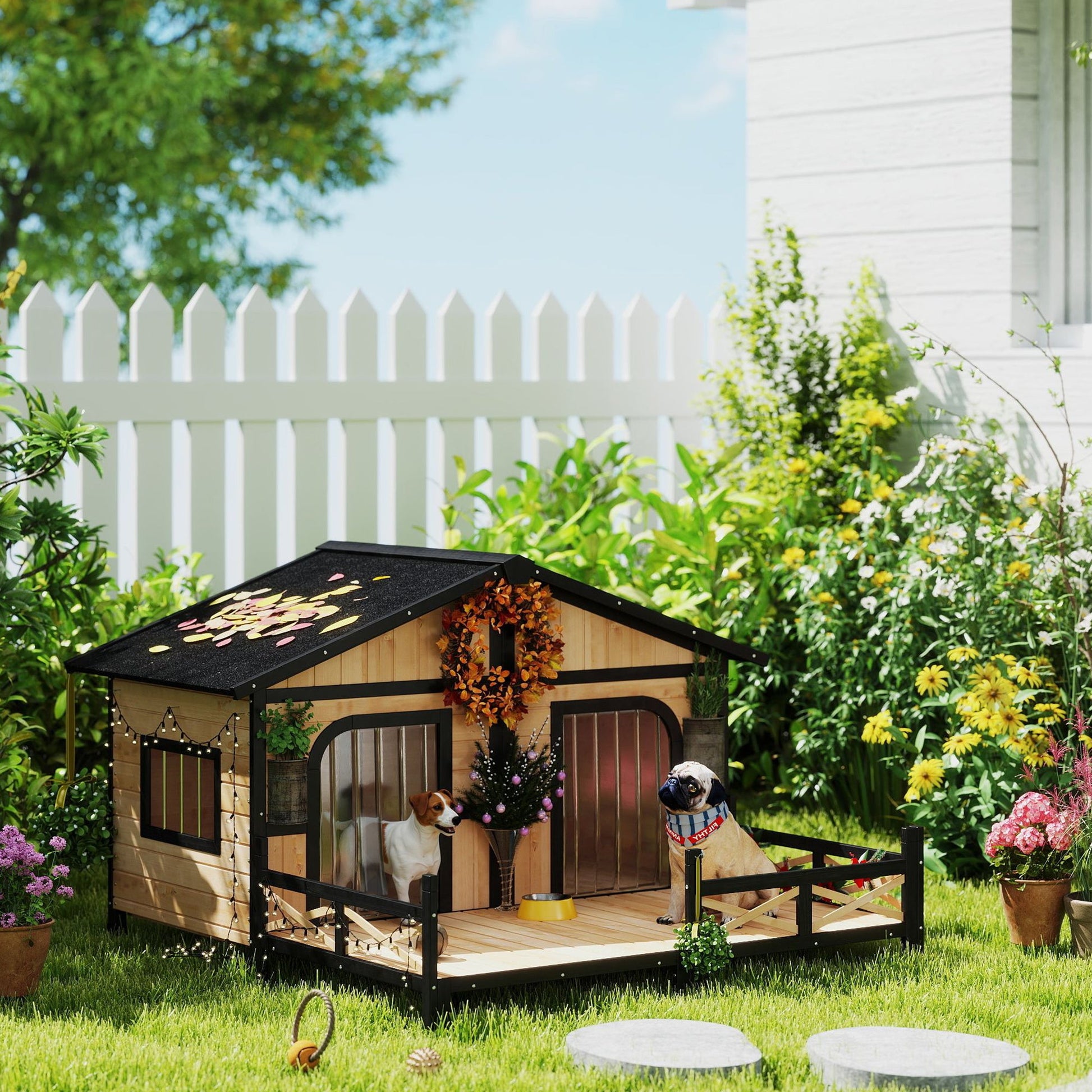 KFX-7928765 Cozy Double Room Wooden Dog House with Porch for Small to Medium Dogs