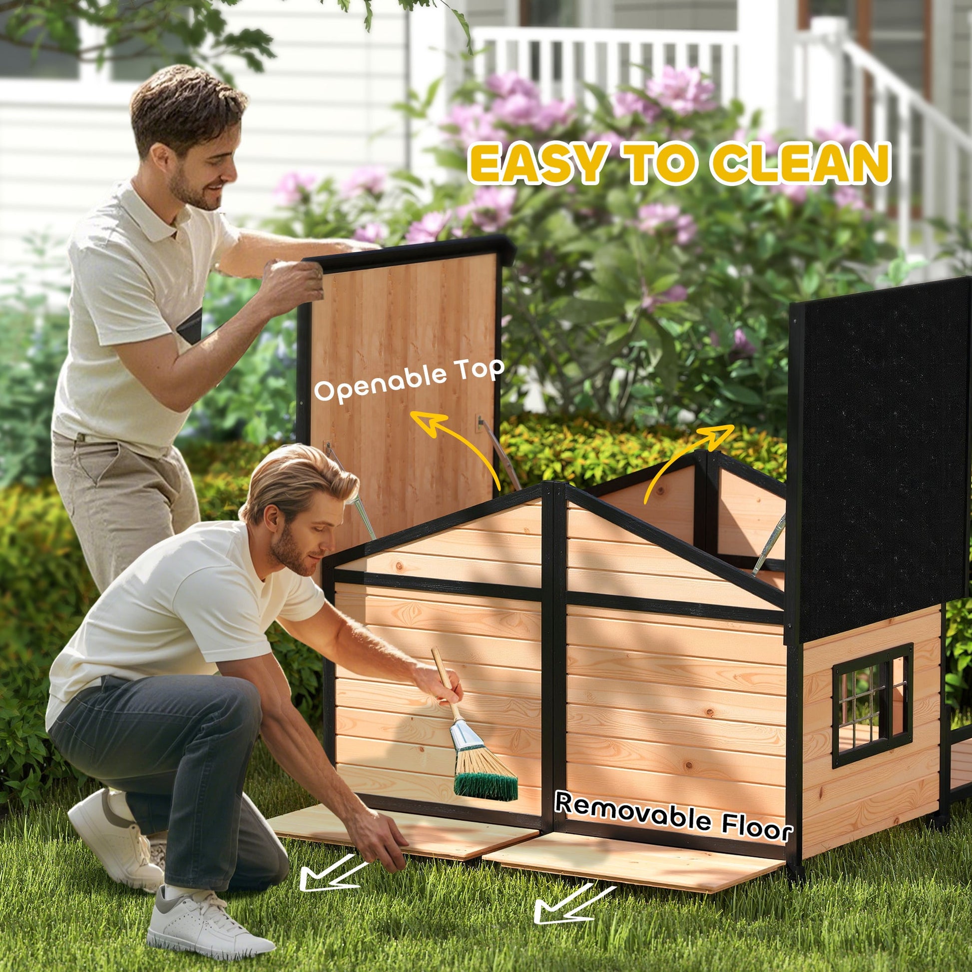 KFX-7928765 Cozy Double Room Wooden Dog House with Porch for Small to Medium Dogs
