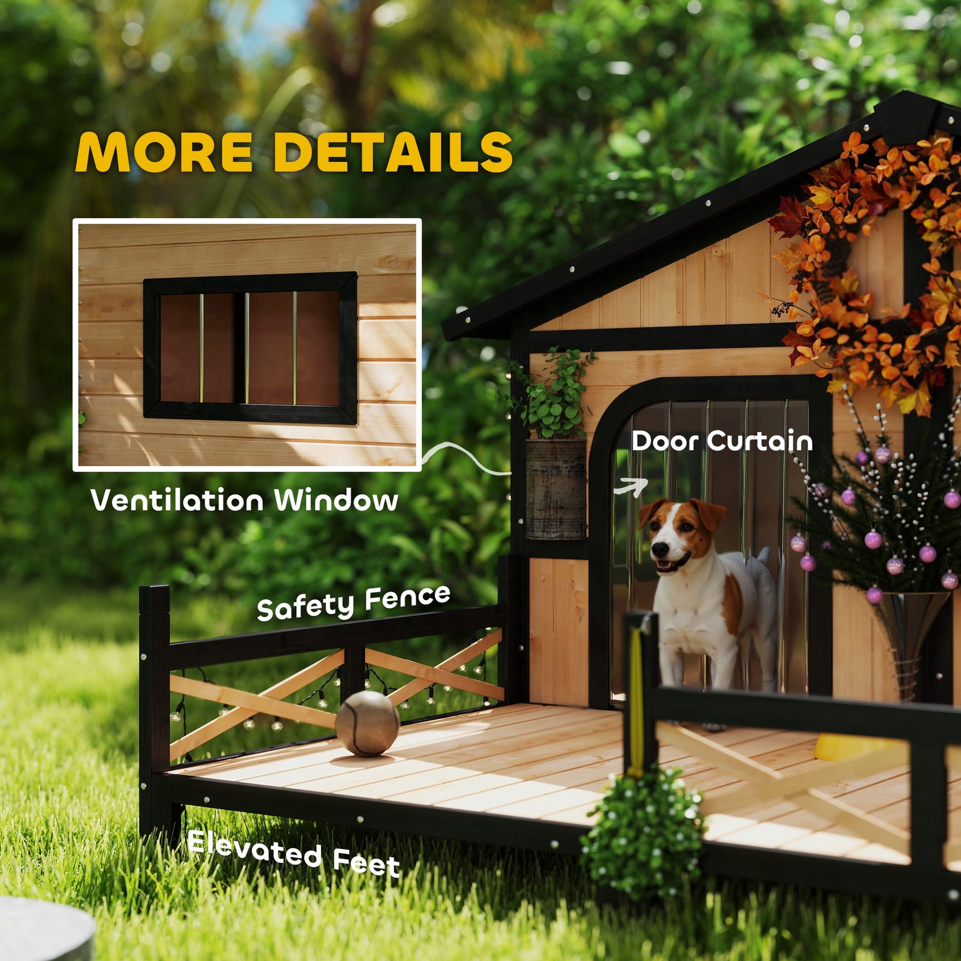 KFX-7928765 Cozy Double Room Wooden Dog House with Porch for Small to Medium Dogs