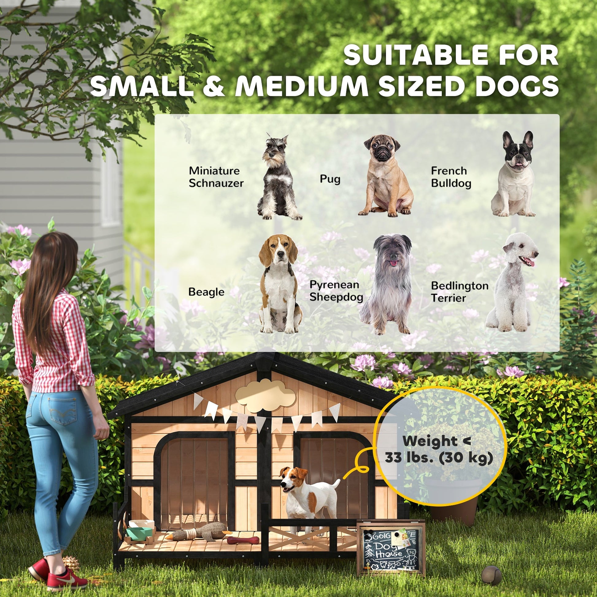 KFX-7928765 Cozy Double Room Wooden Dog House with Porch for Small to Medium Dogs