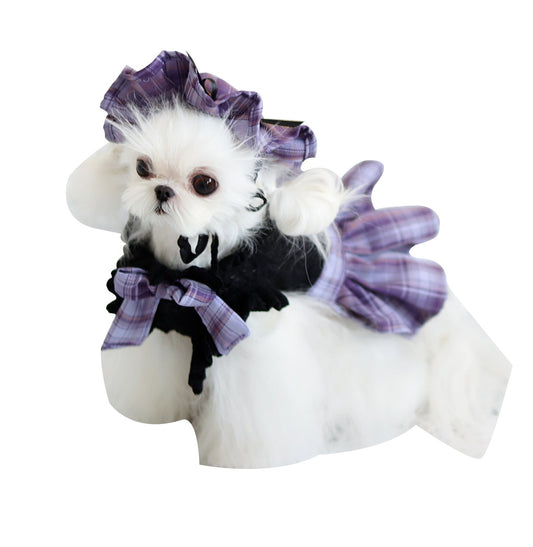 KFX-7932477 Lace Plaid Dress for Dogs and Cats with Big Bow and Pleated Design in Green and Purple