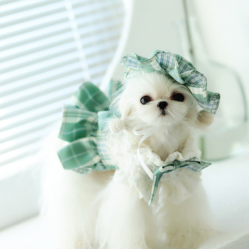 KFX-7932477 Lace Plaid Dress for Dogs and Cats with Big Bow and Pleated Design in Green and Purple