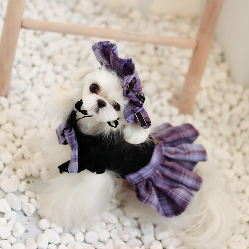 KFX-7932477 Lace Plaid Dress for Dogs and Cats with Big Bow and Pleated Design in Green and Purple