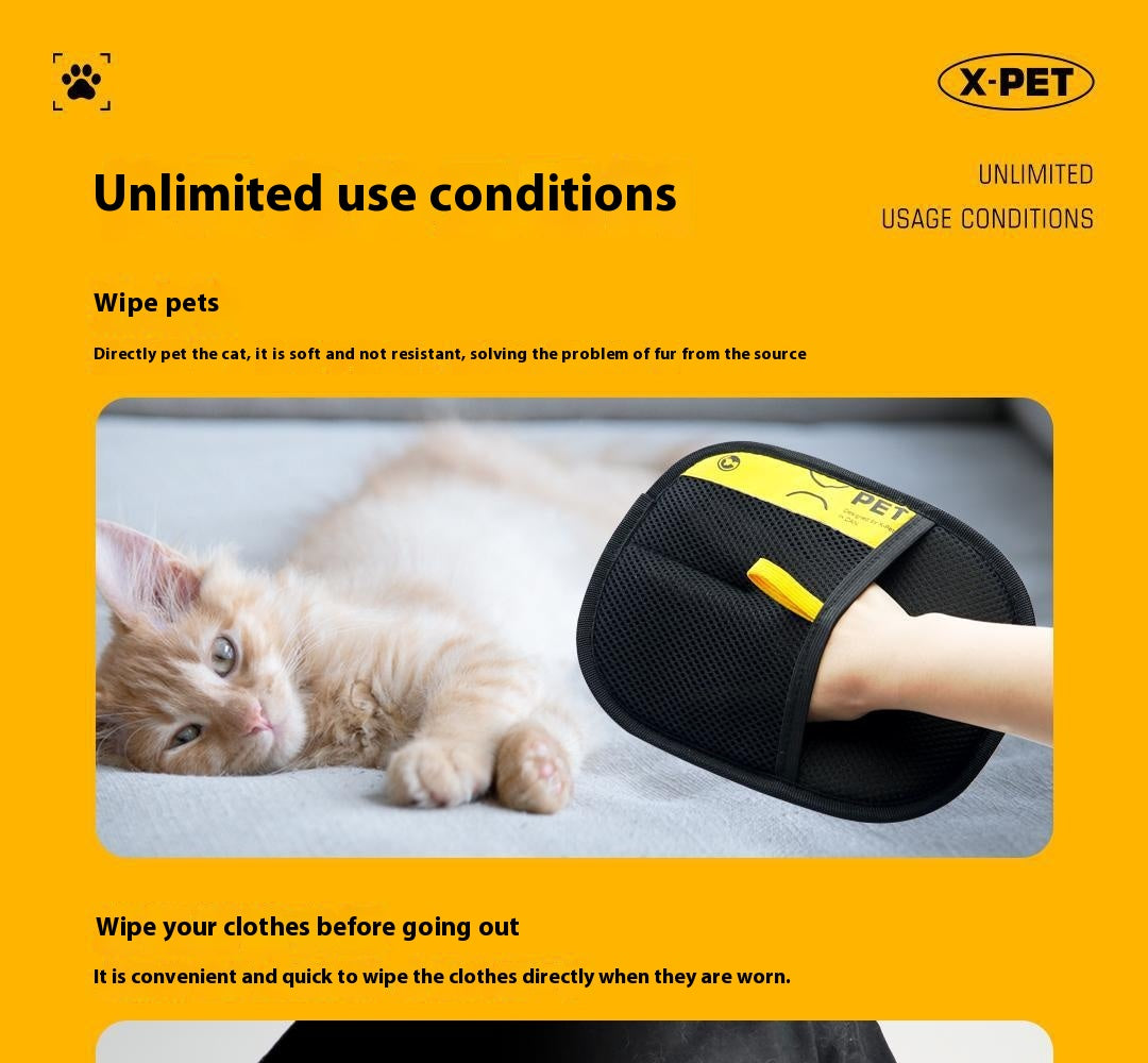 KFX-7936445 Pet Hair Removal Gloves for Home Grooming and Cleaning - 24x16cm Mesh and Brushed Fabric in Black/Yellow