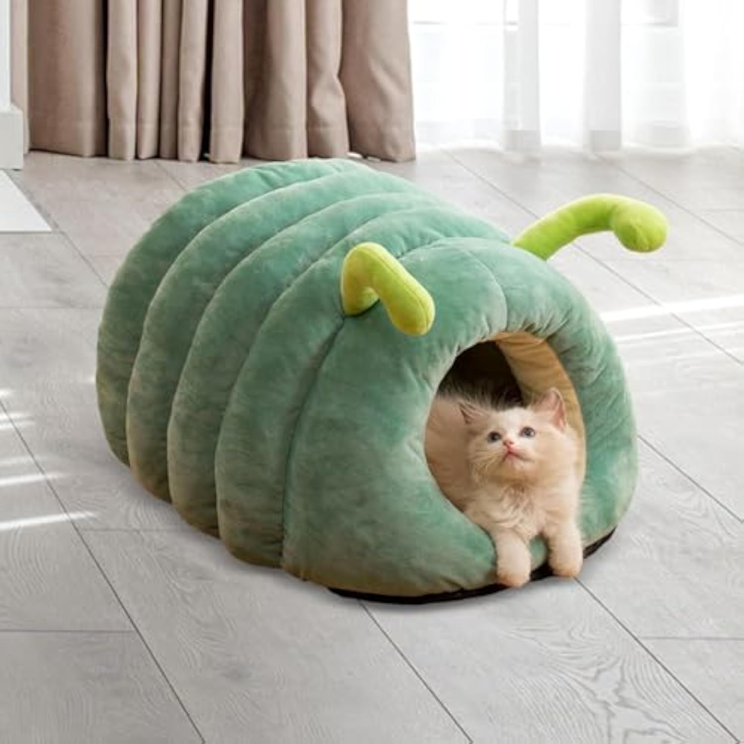 KFX-7938109 Animal Shape Semi-Enclosed Cave Bed for Cats and Small Dogs - Plush, Non-Slip, Modern Design, Green Color, 50*40*30cm