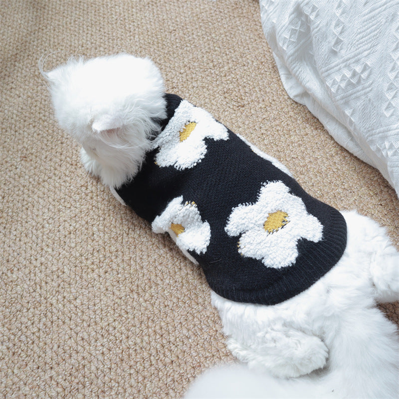KFX-7944381 Thick Warm Pet Sweater for Autumn and Winter - Flower Design in Rabbit Velvet Core-Spun Yarn