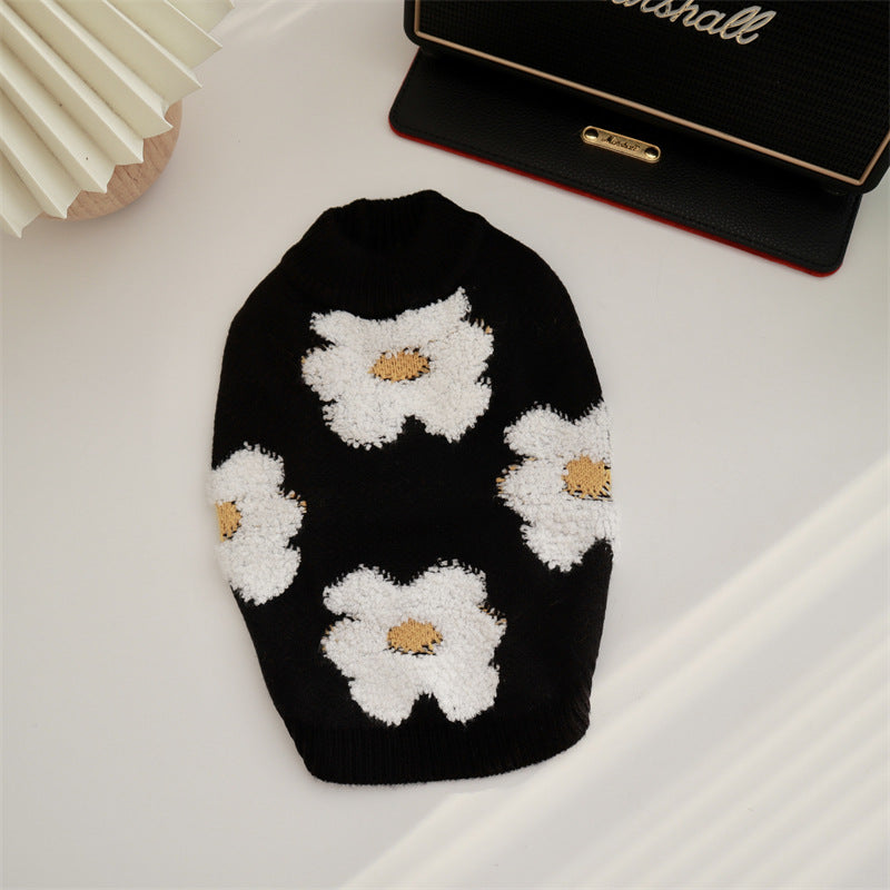 KFX-7944381 Thick Warm Pet Sweater for Autumn and Winter - Flower Design in Rabbit Velvet Core-Spun Yarn