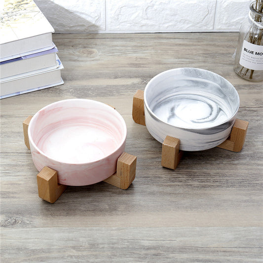 KFX-7946557 Elegant Ceramic Marble Cat Rice Bowl with Ju Wood Frame - Available in Pink and Blue Marbling