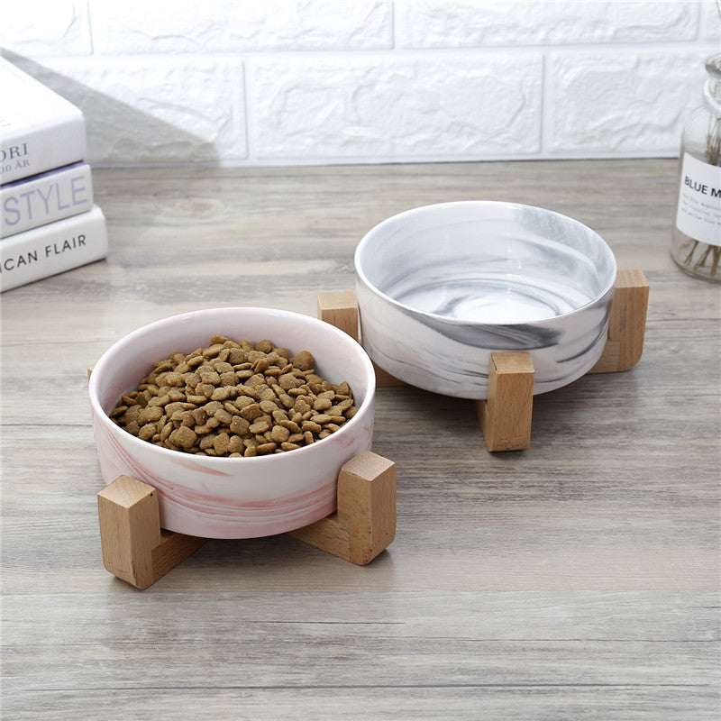 KFX-7946557 Elegant Ceramic Marble Cat Rice Bowl with Ju Wood Frame - Available in Pink and Blue Marbling