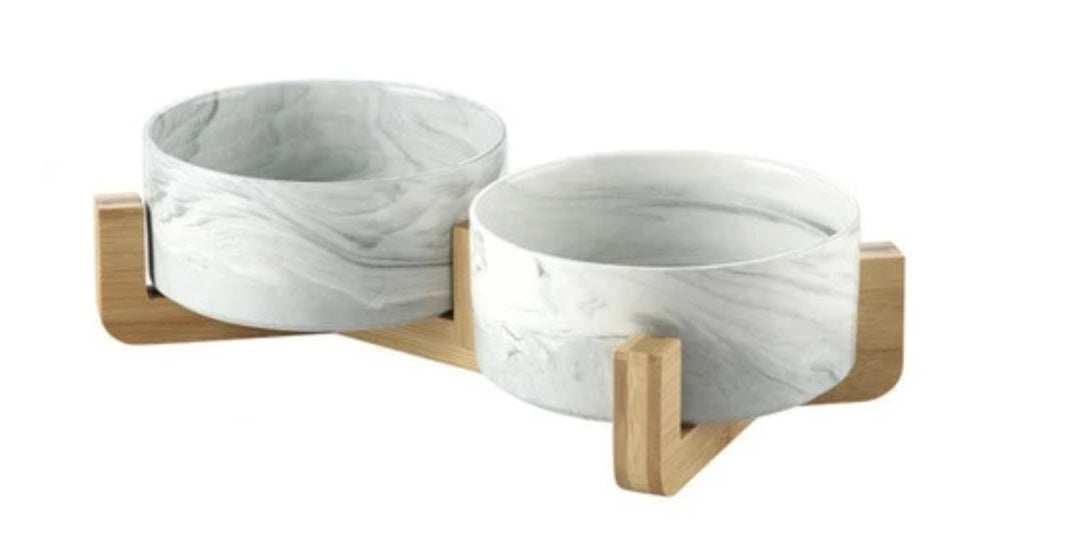 KFX-7946557 Elegant Ceramic Marble Cat Rice Bowl with Ju Wood Frame - Available in Pink and Blue Marbling